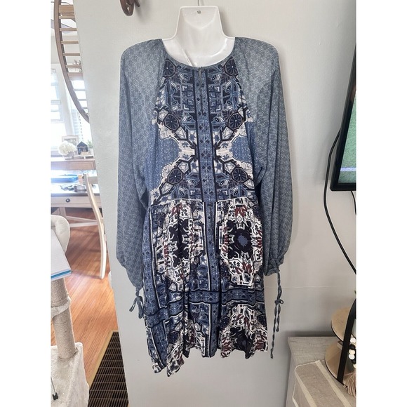 NWT FREE PEOPLE MARINE COMBO Blue‎ DRESS LONG SLEEVE BOHO WOMENS 12 MSRP $128 - Picture 4 of 9